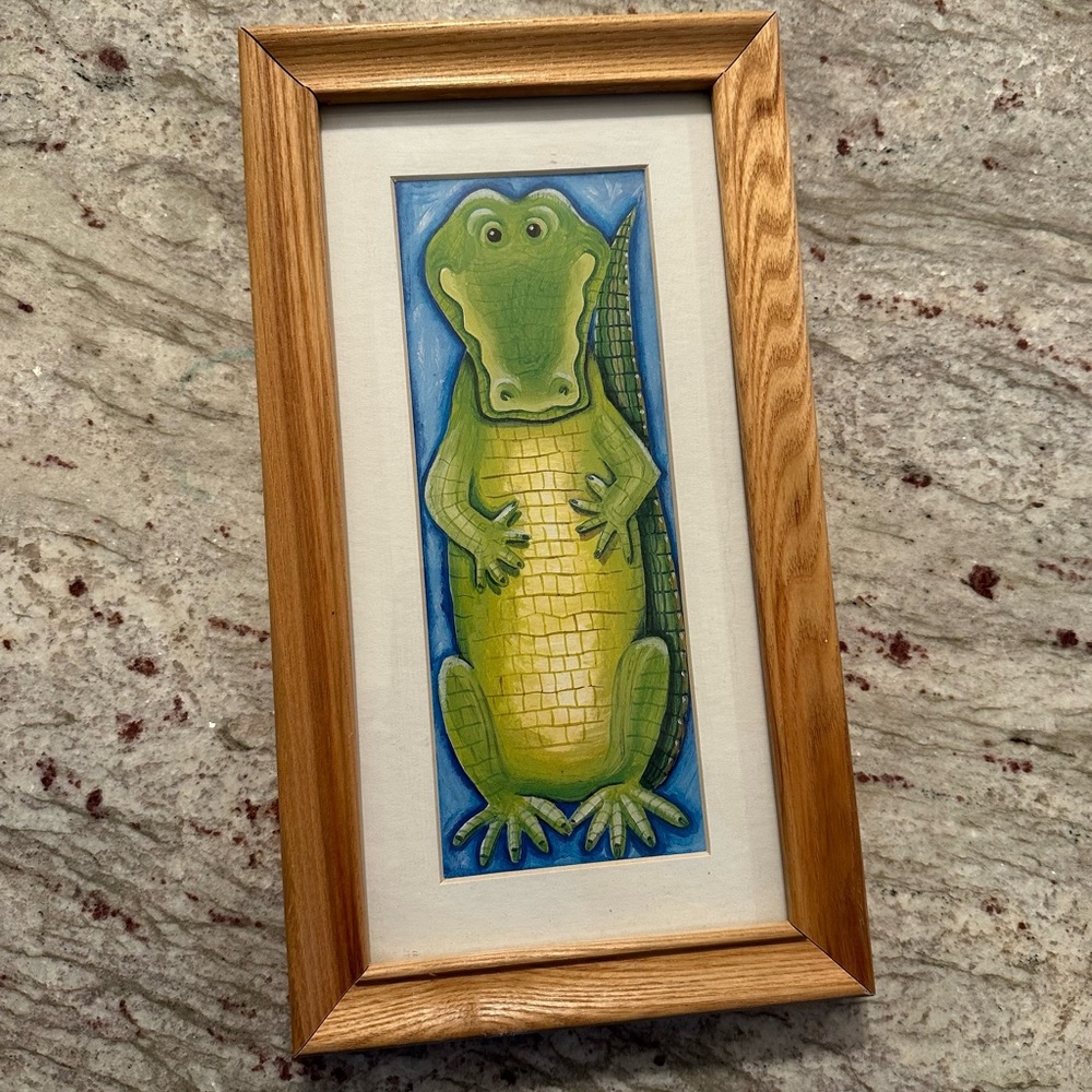 Art Print Snapper Crocodile Blue Green Natural Wood Frame Glass Kate Mawdsley.